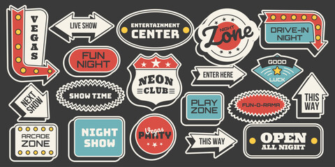 Obraz premium Retro entertainment roadside sticker set. Vintage arrows, badges and signage with fun, club, arcade and show themes. Vector illustration in midcentury 50s style