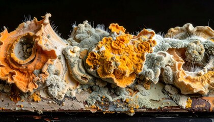 Macro shot of decaying ornate wooden trim, vibrant mold formations