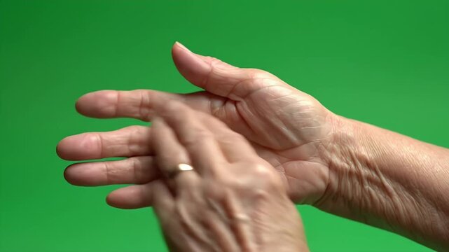 Two aged hands interact on a vibrant green background, one with a gold ring