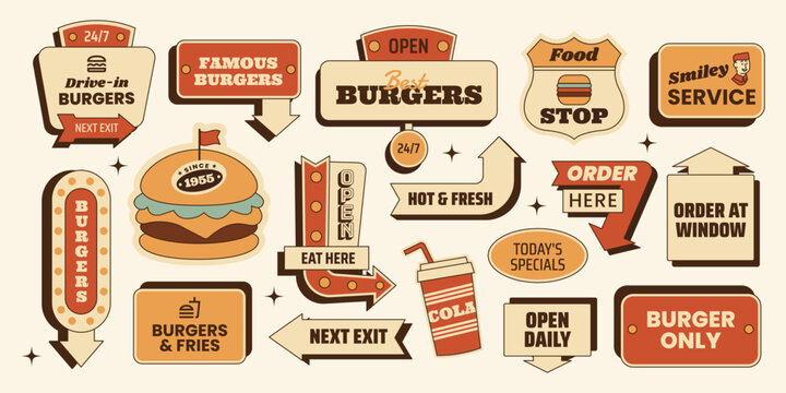 Retro burger sticker roadsign set with fast food, signs, arrows and badges. Street food elements for menus, branding, posters. Vector illustration in vintage mid century 50s style