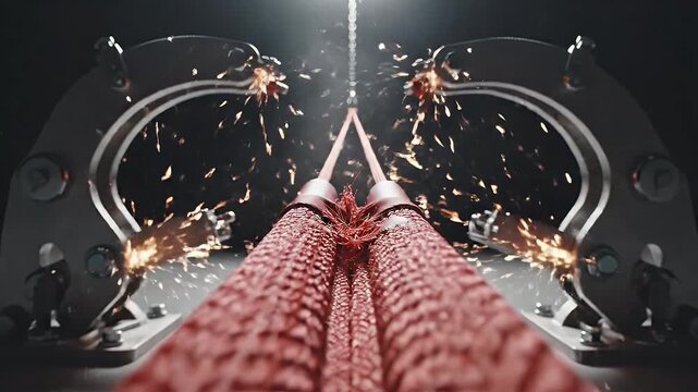 Red rope stretched between two metal clamps in a dark, smoky room