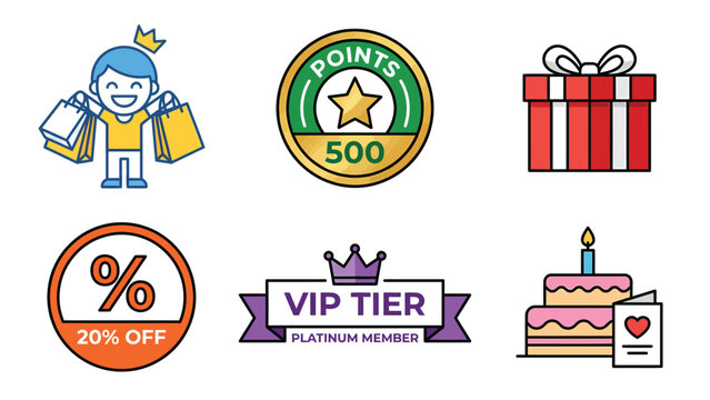 Customer Loyalty Program Icons: Shopping, Rewards, Discounts, VIP Benefits & Celebration
