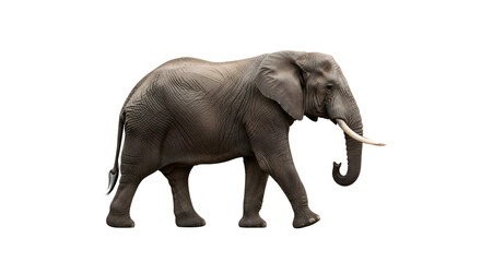 Fototapeta premium Large, grey African elephant walking gracefully against a clean, white background