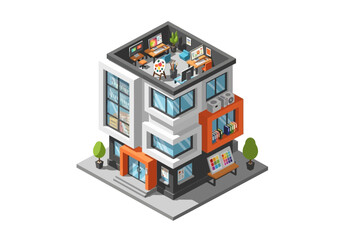 Obraz premium Isometric illustration of a vibrant multi-story building housing a modern creative design studio with artists and tech professionals working.