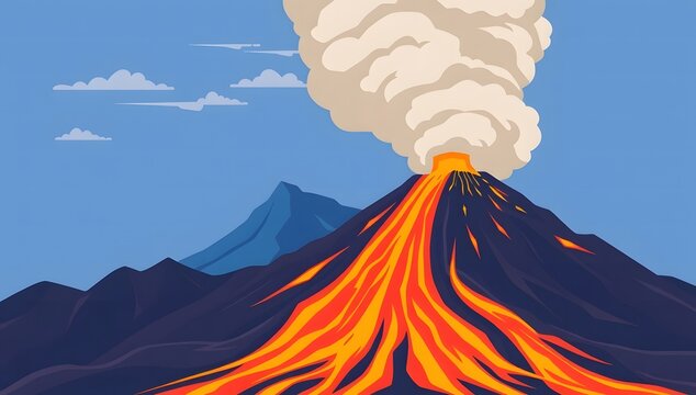 Volcano eruption vector illustration showing lava and smoke for geological disaster awareness
