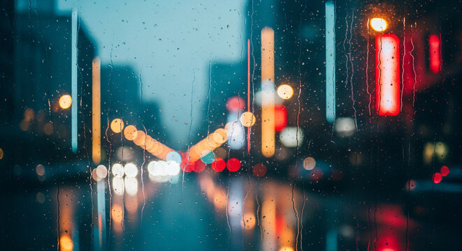 An abstract blurred background of city lights on a rainy night, with bokeh effects and reflections on the wet urban street seen through a car window