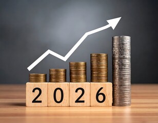 Stacks of coins, blocks with "2026", and rising arrow on wooden surface