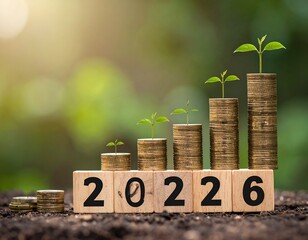 Growing plants on coin stacks, "2022 6" on blocks, outdoor setting