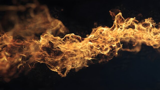 An abstract inferno of fiery orange and red flames burning with intense heat and smoke creates a powerful energy explosion against a dark black background