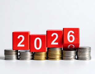 Red blocks spell 2026 atop coin stacks, white background