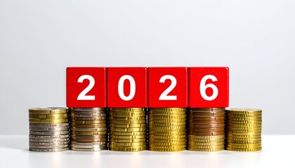 Stacked coins supporting red blocks forming the year 2026