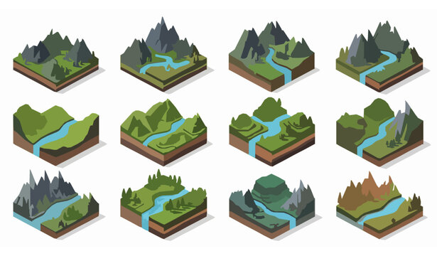 Isometric mountain valley scenes vector pack terrain river landscape isolated on transparent background