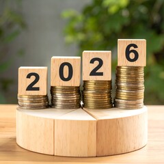 2026 cubes stacked on coins forming a rising graph on wood