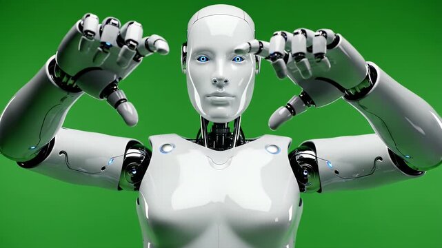 Lifelike humanoid robot with glowing blue eyes on a green background
