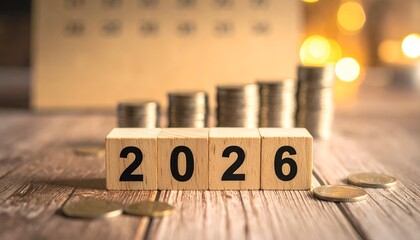 Wooden blocks spelling "2026" with growing coin stacks & calendar background (1)
