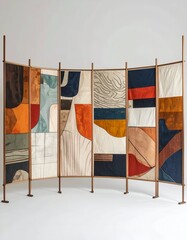 Multi-paneled screen with abstract textile designs and wooden frame