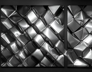 Abstract, metallic, gridded panels with reflective chrome-like surfaces