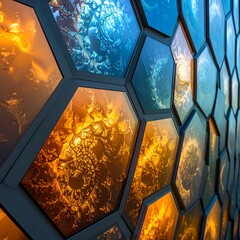 Abstract geometric wall, honeycombs with colorful glowing textures inside