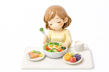 ランスの良い食事を楽しむ女性のフィギュア・健康的な食生活のイメージ