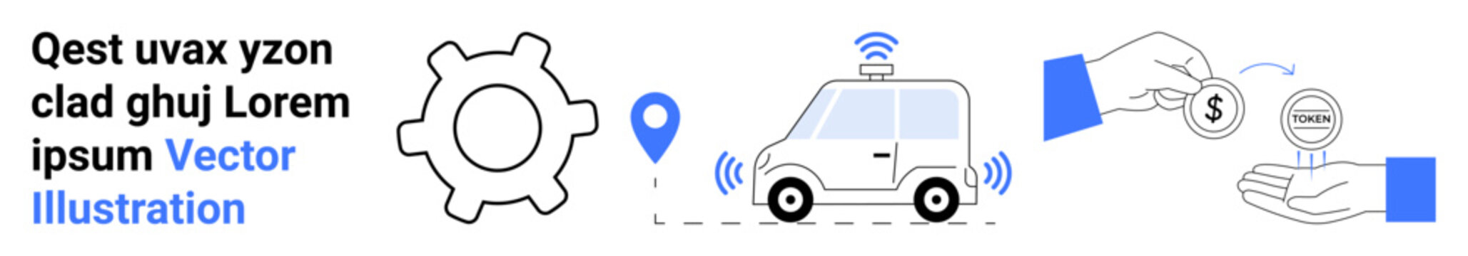 Smart driving, navigation systems, autonomous vehicles, payment gateways, contactless transactions, ride-sharing. Gear icon, GPS marker connected car and hand exchanging currency. Smart driving