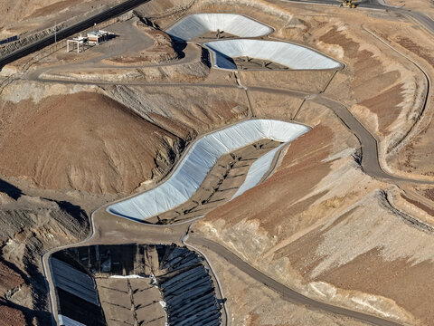 Aerial view of geosynthetic ponds with geonet geomembrane for landfill