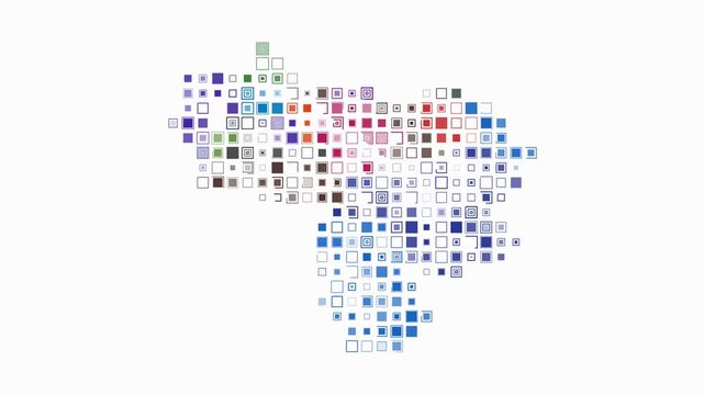 Venezuela animated country shape. Pulsating colored dots on the map of the country. Large size square blocks. Digital style Venezuela map on white background. Plain animation video.