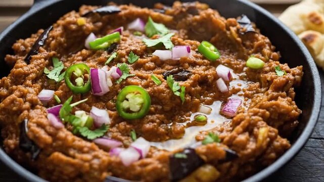 Hearty Eggplant Mash Prepared with Herbs and Spices Served with Naan Bread