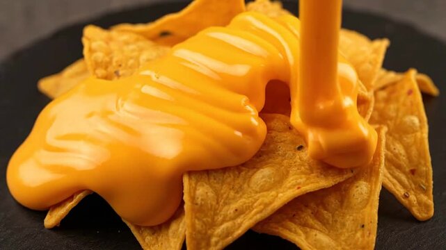 Tortilla chips smothered in melted cheese sauce on a black plate.