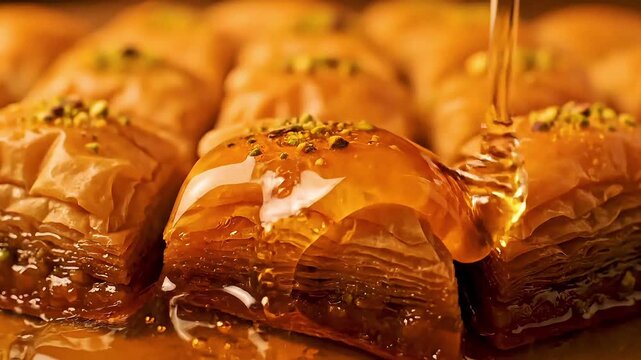 Cinematic macro of hot honey syrup pouring over fresh golden Baklava pieces with crushed pistachios. Delicious sticky Turkish dessert with flaky phyllo layers and warm lighting.