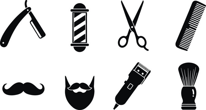 Barber Shop and Men's Grooming Vector Icon Set Featuring Scissors, Straight Razor, Comb, Electric Hair Clipper, Barber Pole, Shaving Brush, Mustache, and Beard Silhouettes Isolated on White