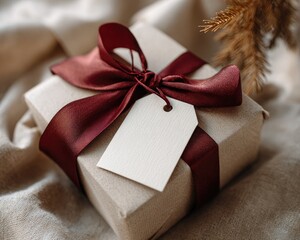 Gift with ribbon & tag displayed, neutral cloth backdrop. Promo, holiday use
