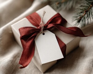 Gift with Ribbon and Tag on Fabric, Christmas Tree Branches in Background for Holidays