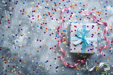 Gift with Ribbon & Confetti on Gray Surface, Party, Birthday, Celebration, Promotion