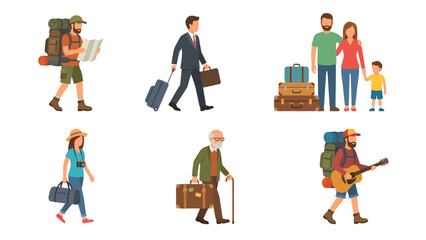 Diverse Travelers Set: People of all ages and types on journeys with luggage, backpacks, and travel gear. Flat vector illustration.