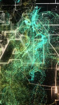 Vertical video: Column emerging, teal-yellow cloud spiraling through letter A grid, revealing depth