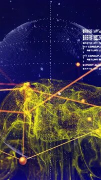 Vertical video: Rotating dotted globe starting orange node network yellow smoke rising showing data