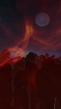Vertical video: Stage lights firing red ribbons while backlit crowd raising arms, dancing to music