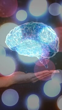 Vertical video: Orb appearing, starting palm-up hand hologram brain forming pulsing fading for demo