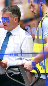 Vertical video: Mgr pointing pad guiding worker on jack doing storage check with blue grid overlay