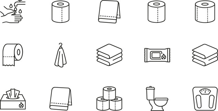 Bathroom hygiene icons set including toilet paper towels soap scale and cleaning essentials line vector collection design illustration