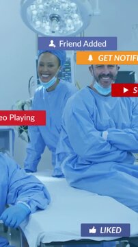 Vertical video: Medical team sitting under lamp, play causing popups over faces urging subs fading