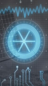 Vertical video: Wave spikes driving holo dial pulsing while circuits glowing, showing panel health