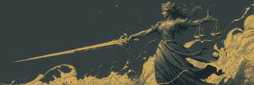 Empowering Justice Symbol with Sword and Scales in Dramatic Setting