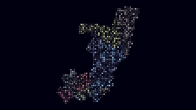Republic of the Congo map animation. Shape of the country with pulsating colored dots. Small size square blocks. Digital style Republic of the Congo map on dark background. Classy video.