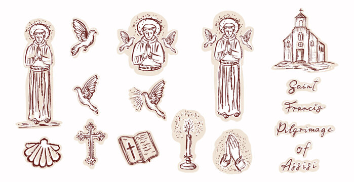 Hand drawn saint Francis of Assisi icon illustration set. Isolated vector motif ofpatron saint of animals with birds for catholc pilgrimage elements. Black and white church, lettering franciscan 