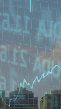 Vertical video: On load cyan overlay animating over skyline, rising dotted chart showing markets