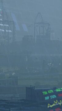 Vertical video: Overlay fading from upper-left, HUD sliding over cranes, visualizing port data