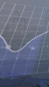 Vertical video: After grid fading, curve, nodes and ticks drawing over port cranes showing markets