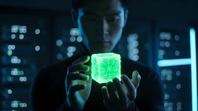 Asian man holding a glowing green wireframe cube in a futuristic server room. Represents AI, blockchain, quantum computing, data processing, innovation, virtual reality, and future tech concepts.
