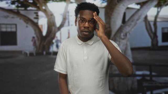 Man in white polo shirt and glasses touches forehead in front of building by large tree; stress fatigue tension.